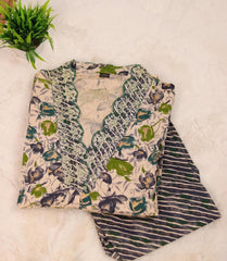 CREAM KURTHA SET WITH GREEN , BLUE FLORAL PRINTS (SU 154)