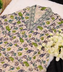 CREAM KURTHA SET WITH GREEN , BLUE FLORAL PRINTS (SU 154)