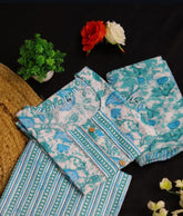 WHITE KURTI SET WITH BLUE GREEN PRINT AND FRONT BUTTON (SU 183)