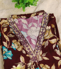 GRAPE WINE KURTHI SET WITH MIRROR NECK WORK (SU- 176)