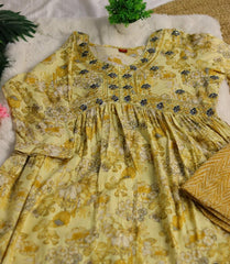 LIGHT YELLOW ALIA CUT WITH BLUE FLORAL WORK ( SU - 178)