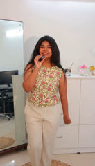 CREAM LEAF AND FLOWER PRINT CROP TOP (SU 360)