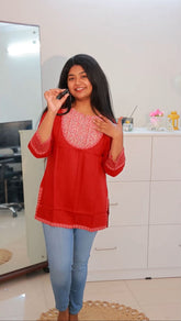 RED SHORT KURTHI WITH NECK ROUND DESIGNS (SU- 62)