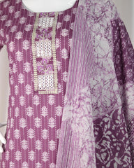 Lavender Block Printed Cotton Kurta Set with Mirror Work Detailing (SU 208)