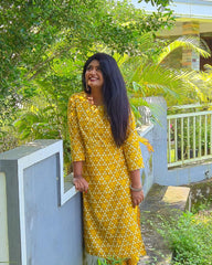 YELLOW ITH WHITE PRINT KURTHI TOP & PANTS (SU 217)