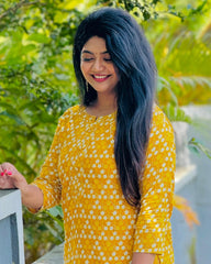 YELLOW ITH WHITE PRINT KURTHI TOP & PANTS (SU 217)