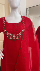 RED KURTHI SET WITH EMBROIDERY WORK 3 PIECE SET (SU 304)