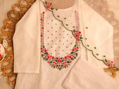WHITE KURTHI SET WITH EMBROIDERY WORK 3 PIECE SET (SU 305)