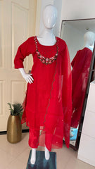 RED KURTHI SET WITH EMBROIDERY WORK 3 PIECE SET (SU 304)
