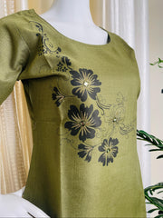 OLIVE GREEN WITH BLACK FLORAL PRINT KURTHI (SU 627)