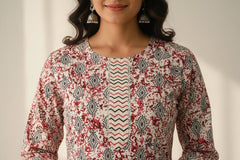RED WITH BLUE HANDBLOCK PRINTED COTTON KURTHI SET (SU 619)