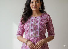 PINK FLORAL PRINT WITH WOODEN BUTTON KURTHI SET ((SU 647)