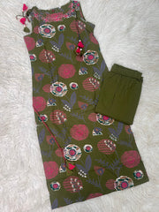 OLIVE GREEN WITH ROSE CHARM CO ORD SET (SU 701)