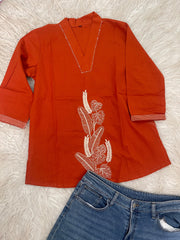 ORANGE WITH WHITE THREAD V NECK SHORT KURTHI (SU 702)