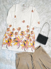 OFF WHITE WITH MULTI COLOUR FLORAL KHADI SHORT KURTHI (SU 705)