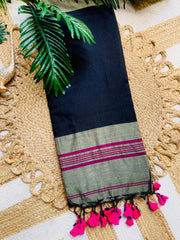SHYAMA BLACK WITH MULTICOLOUR KHADI COTTON SAREE (SU 717)