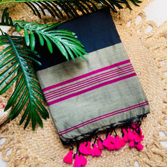 SHYAMA BLACK WITH MULTICOLOUR KHADI COTTON SAREE (SU 717)