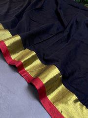 BLACK WITH GOLD & RED BORDER MUL COTTON SAREE ( SU 744)