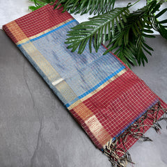 MAROON WITH SKY BLUE CHECKED COTTON SILK SAREE (SU 738)