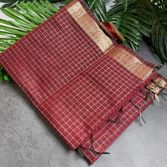 MAROON WITH SKY BLUE CHECKED COTTON SILK SAREE (SU 738)