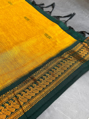 MANGO YELLOW WITH BOTTLE GREEN KALYANI COTTON SAREE (SU 734)