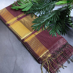 DEEP MAROON CHECKED WITH GOLDEN BORDER SILK COTTON SAREE (SU 735)