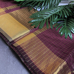 DEEP MAROON CHECKED WITH GOLDEN BORDER SILK COTTON SAREE (SU 735)