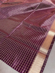 DEEP MAROON CHECKED WITH GOLDEN BORDER SILK COTTON SAREE (SU 735)