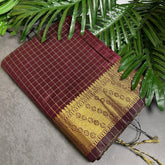 DEEP MAROON CHECKED WITH GOLDEN BORDER SILK COTTON SAREE (SU 735)
