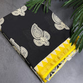 HANDCRAFTED BLACK WITH YELLOW PAISLEY PRINT COTTON LINEN SAREE (SU 739)