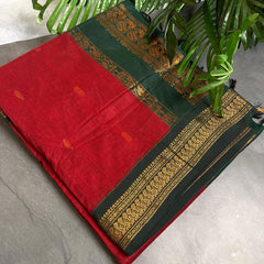 RED WITH BOTTLE GREEN KALYANI COTTON SAREE (SU 733)