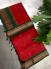 RED WITH BOTTLE GREEN KALYANI COTTON SAREE (SU 733)