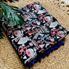 BLACK KALAMKARI ART WITH BLUE POM-POM LACE BORDER SAREE (SU 740)