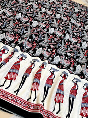 BLACK KALAMKARI ART WITH BLUE POM-POM LACE BORDER SAREE (SU 740)