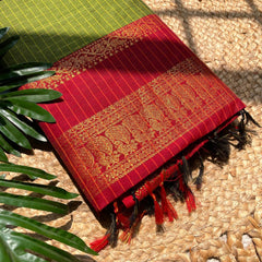 GREEN WITH RED CHECKED KALYANI COTTON SAREE (SU 730)