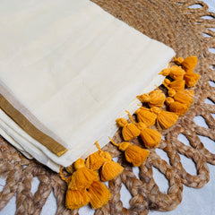 MRIDULA🌼✨PLAIN OFF WHITE WITH GLODEN BORDER MUL COTTON SAREE (SU 808)