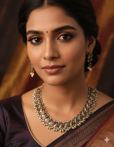 Antique Peacock Motif Oxidized Necklace Set with Beaded Earrings (SJ 38)