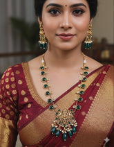 Traditional Temple Design Necklace with Earrings – Green, white & Gold (SJ 67)