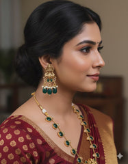Traditional Temple Design Necklace with Earrings – Green, white & Gold (SJ 67)