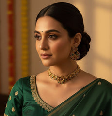 Antique Peacock Leaf Choker Set with Ruby & Emerald Stones (SJ 64)