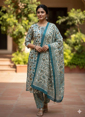 OPAL GREEN WITH BROWN FLORAL COTTON 3 PIECE SET (SU 628)