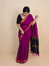 RAGINI🌸MAGENTA PURPLE & BLACK WITH GOLD ZARI BORDER KHADI MUL COTTON SAREE SU 847