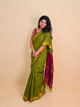 MADHAVI🍃DEEP MAROON & DARK OLIVE GREEN WITH GOLD ZARI BORDER COTTON SAREE (SU 848)