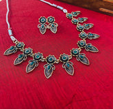 Floral Leaf Motif Necklace Set with Green Stones