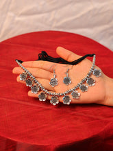 Oxidized Silver Floral Choker Necklace Set with Earrings