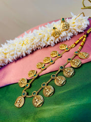 Traditional Lakshmi Coin Necklace Set with Green Stones