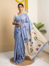 BLUE HAMLET🏠💙OFF WHITE WITH LIGHT BLUE HAND PAINTED KHADI COTTON SAREE (SU 836)