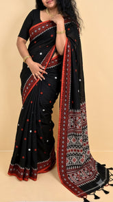 RUDRA🌺✨BLACK WITH RED THREAD EMBROIDERY GEOMETRIC BORDER ASSAM COTTON SAREE (SU 834)