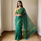THULASI🍃✨BOTTLE GREEN WITH GOLDEN CHECKS SOFT MULCOTTON SAREE (SU 818)