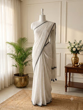 CLOUD LOOM🌩️🖤WHITE WITH CHARCOAL GREY CHECK DESIGN SOFT MUL COTTON SAREE (SU 837)